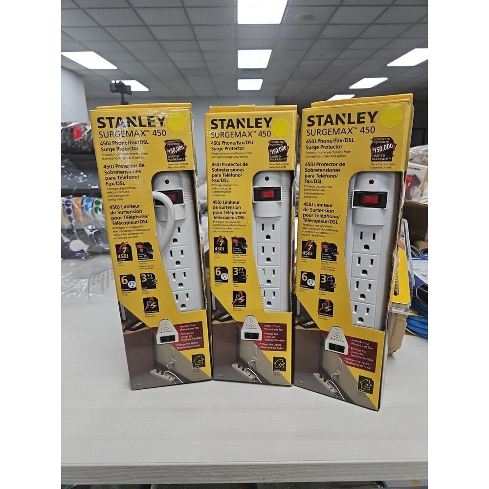 New Stanley 33216 6 Outlet White Phone & Fax Surge Suppressor